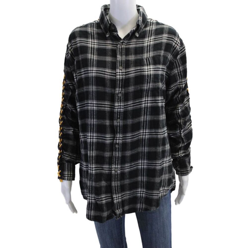 Furst of a Kind Womens Button Front Lace Up Sleeve Plaid Shirt Black White Small
